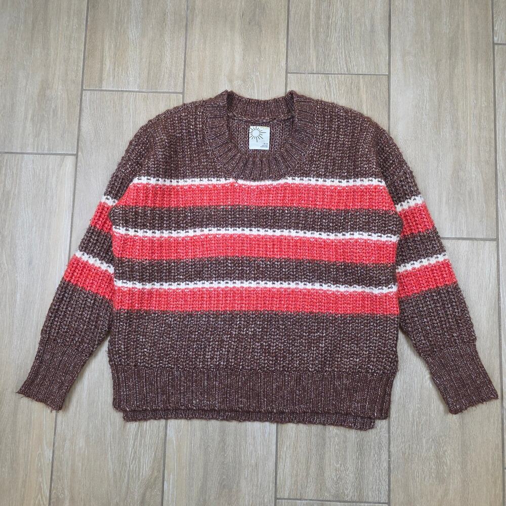 OFFLINE Aerie Chunky Sweater Womens M Brown Red Stripe Oversized Cozy Knit